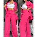 Elegant hot pink two-piece blazer and wide-leg pants set with split sleeves for women - S / Top And Bottom / Rose Red