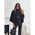 Elegant black wool poncho coat with waist belt and high neck for women - S / Tops / Black