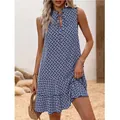 Robe bohème sans manches à col en V avec un motif géométrique bleu et blanc élégant - Bleu Uni