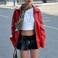 Chaqueta de cuero roja retro chic estilo motero suelta y estilo callejero americano - XS / Tops / Rojo