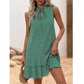 Robe sans manches verte style bohème avec imprimé géométrique blanc et laçage au décolleté en V - Vert
