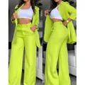 Elegant lime green blazer and straight-leg trousers two-piece set for chic women - S / Top And Bottom / Yellow-Green