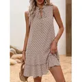 Robe bohème sans manches à imprimé, col en V avec lien à nouer et ourlet volanté - Café Clair