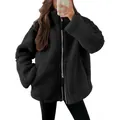 Warm oversized black teddy fleece jacket for women with double zipper and pockets - S / Tops / Black
