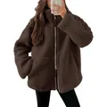 Warm oversized brown teddy fleece jacket for women with stylish double zipper closure - Brown