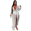 Detailed view of sexy white lace mesh maxi dress featuring deep V-neck and high slit - S / Top And Bottom / White