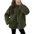 Warm oversized green teddy fleece jacket for women featuring a functional dual zipper - Army Green