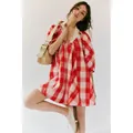 Red and white gingham short-sleeved loose casual summer romper jumpsuit for women - Red Grid