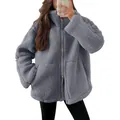 Warm purple oversized plush teddy jacket with a double front zipper for winter - Gray