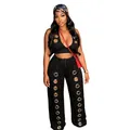 Two-piece black set featuring a grommet crop top and wide-leg pants with metal eyelets - S / Top And Bottom / Black