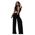 Sexy black backless cut-out jumpsuit for women with deep V-neck and metal ring details - L / Top And Bottom / Black
