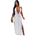 Sexy weißes Maxikleid mit tiefem V-Ausschnitt, Neckholder und hohem Beinschlitz - S / Oberteil und Hose / Weiß
