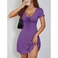 Slim fit purple V-neck mini dress with front drawstring bow and elegant ruffled hem - XS / Tops / Dark Violet
