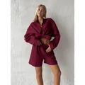 Elegant wine red pure cotton long sleeve shirt and high waist shorts casual set for women - S / Top And Bottom / Burgundy