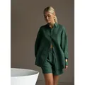 Dark green women's loose long-sleeve shirt and matching shorts casual set - S / Top And Bottom / Dark Green