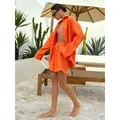 Vibrant orange two-piece cotton shirt and shorts set for women in casual loose fit - S / Top And Bottom / Orange Shorts Set