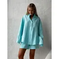 Light blue loose cotton long sleeve shirt and matching shorts casual set for women - S / Top And Bottom / Shorts Set / Lake Blue