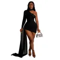 Detail of black one-shoulder mini dress featuring feather accents and a long chiffon cape - S / Tops / Black
