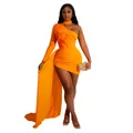 Vibrant orange dress detail featuring elegant feather trim and a long flowing side cape - S / Tops / Orange
