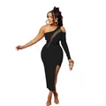 Elegant black one-shoulder bodycon midi dress featuring mesh panel and high side slit - M / Black