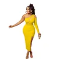 Elegant yellow one-shoulder maxi dress with mesh cutouts and side slit details. - S / Yellow