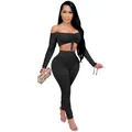 Elegantes schwarzes Damen-Zweiteiler-Set mit gerafften langen Ärmeln und kurzem Top - S / Oberteil und Hose / Schwarz