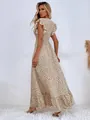 Elegant tan maxi dress with white drop prints, ruffle sleeves and smocked waist detail. - S / Tan