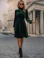 Elegant dark green velvet long-sleeved dress with high neck and elastic waist detail - S / Top And Bottom / Green