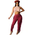 Schickes zweiteiliges Set mit rosa ärmellosem Crop Top und weinroten Fransen-Leggings - XL / Oberteil und Hose / Rot
