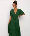 Elegante Bohemian v-neck maxi dress with flutter sleeves and waist tie in dark green color - S / Top And Bottom / Grass Green