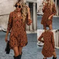 Stylish leopard print long sleeve dress for women with elegant V-neck and stand collar - S / Top And Bottom / Tan