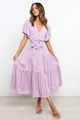 Bohemian lavender V-neck maxi dress featuring short sleeves and elegant tiered skirt - S / Top And Bottom / Purple