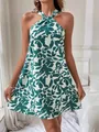 Elegant green leaf print halter neck sleeveless mini dress for women's summer fashion - S / Bottoms / Green