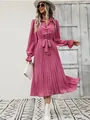 Elegant pink floral long sleeve pleated maxi dress with waist tie for modern women - S / Rose Red