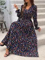Elegant V-neck long-sleeved maxi dress with colorful heart print in a feminine fit - S / Top And Bottom / Black