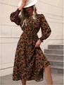 Elegant leopard print long sleeve maxi dress with waist tie for autumn and winter style. - S / Top And Bottom / Coffee