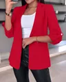 Elegant red women's blazer featuring stylish rolled sleeves and gold button detail. - S / Tops / Red