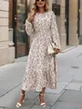 Elegant floral print long sleeve tiered maxi dress with ruffle hem shown on street - S / Top And Bottom / Apricot Pink