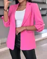 Detailed view of stylish hot pink women's blazer featuring buttoned rolled sleeves for fall - S / Tops / Rose Red