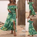 Women's tropical green palm leaf print off-the-shoulder ruffle maxi dress with side slit - S / Green