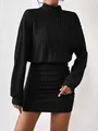 Elegant black ribbed turtleneck bodycon dress with long sleeves shown on a fashion model. - S / Black