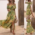 Women's off-shoulder ruffle tropical leaf print maxi dress with sexy high slit detail - S / Yellow