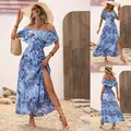 Elegant off-the-shoulder blue tropical leaf print maxi dress with ruffle and slit - S / Sky Blue