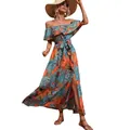 Elegant off-shoulder floral maxi dress with ruffles and side slit for summer - S / Orange Red