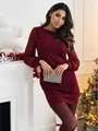 Close-up of burgundy mini dress featuring festive sequined balloon sleeves - S / Top And Bottom / Burgundy