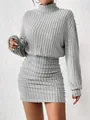 Detail view of grey ribbed high neck bodycon long sleeve dress for autumn and winter - S / Light Gray