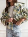 Close-up of women's cropped plaid wool jacket with green and yellow British style check - S / Tops / Yellow and Blue Checkered