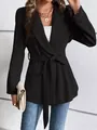 Elegant women's slim fit black blazer featuring a stylish waist tie and long sleeves - S / Tops / Black