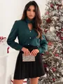 Woman wearing a dark green V-neck long-sleeve shirt with hot-drill rhinestones - S / Tops / Green