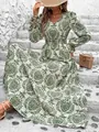 Bohemain V-neck long sleeve maxi dress with vintage green floral damask print pattern. - S / Top And Bottom / Green